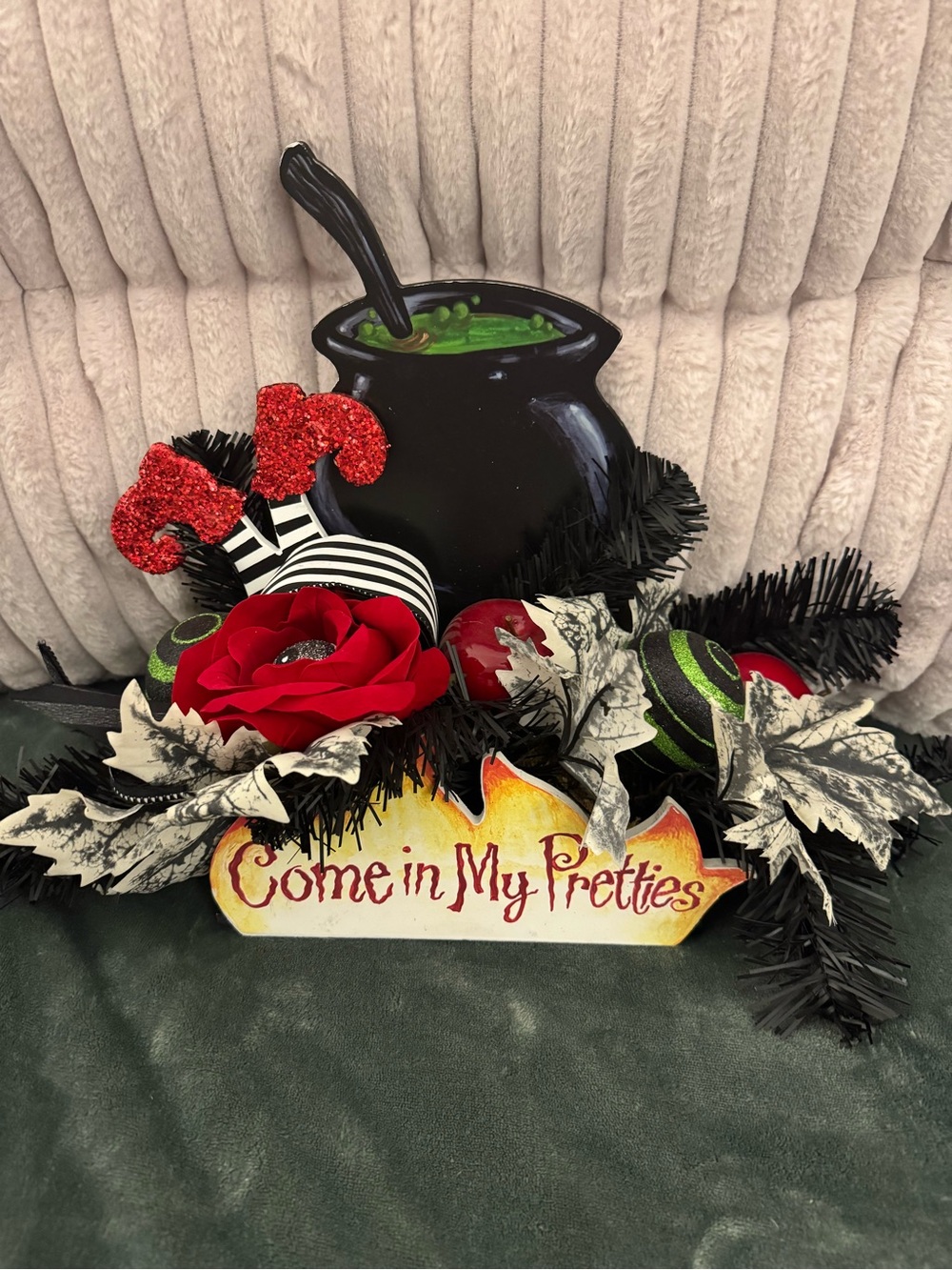 Halloween Cauldron Table Accent with Red Floral and Black Trim